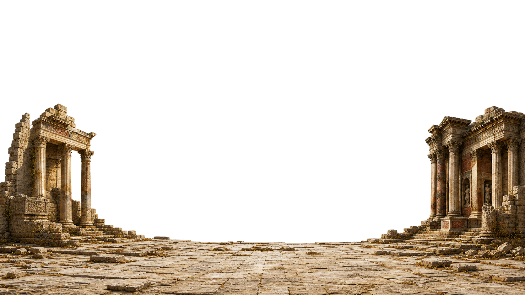 Distant weathered Greek and Roman monuments framing a wide open market plaza